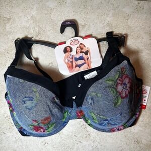 NWT Parade Women Bra XXL Blue Mesh Floral Overlay T Shirt Underwired Lace Mesh